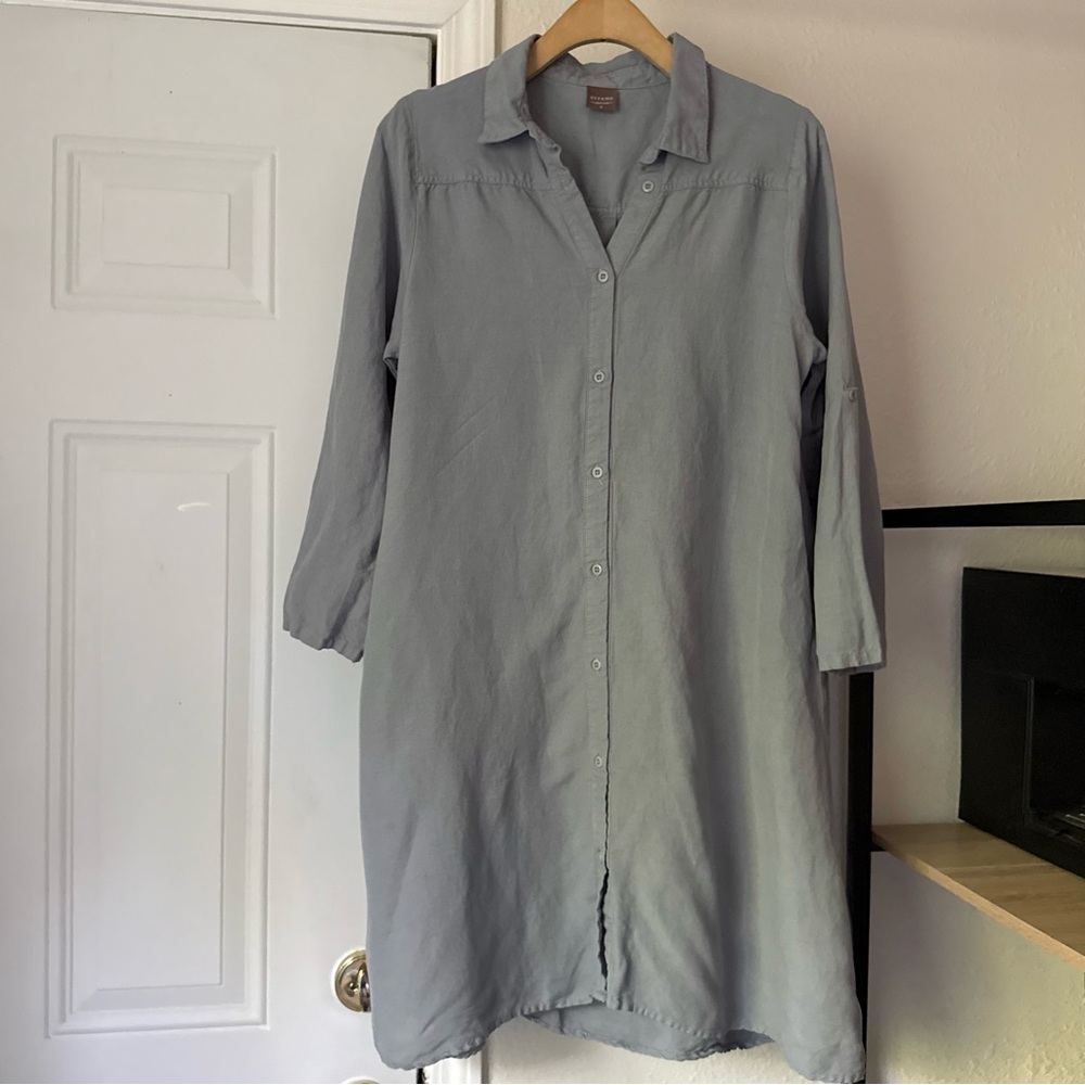 SIVANA grey denim linen bamboo viscose long‎ sleeve button up shirt dress mini